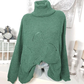 

2019 Women Autumn Winter Hooded High Neck Casual Loose Sweater Hollow Pullover Jumper