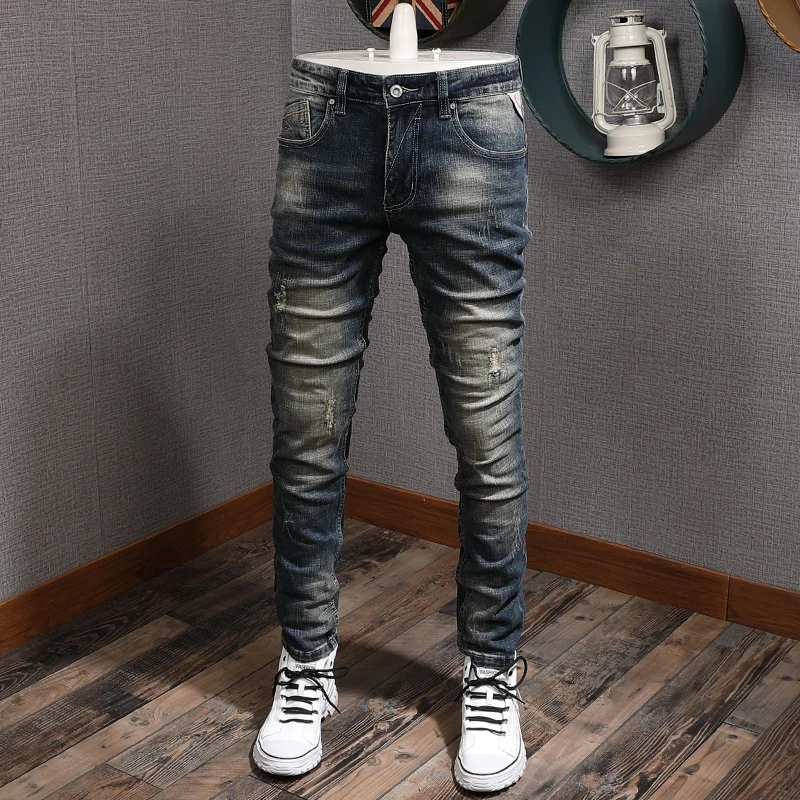 

Italian Style Fashion Men Jeans High Quality Retro Wash Slim Fit Ripped Jeans Men Denim Pants Streetwear Vintage Designer Jeans