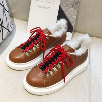 

Warm Fur Women Sneakers Genuine Leather Black White Women Lace Up Casual Shoes Runway Waterproof Party Dress Shoes 2020