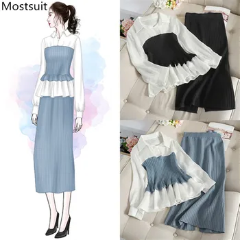 

Autumn Outfit Women Two Piece Skirt Set Elegant Plus Size Patchwork Bloues Shirt With Collar Tops And Knit Skirt Suit 2019