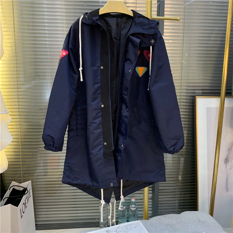

Women Embroidery Hooded Coat Solid Color Geometric Zipper Drawstring Jacket