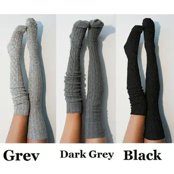 

Women Winter Cotton Thick Crochet Cable Knit Over knee Long Boot Wool Warm Thigh High Stockings Pantyhose Leg Warmers Black Gray
