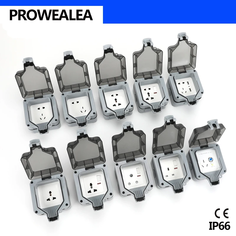 Weatherproof Socket IP66 Waterproof Socket Outdoor Wall Power Socket UK 3 Hole Switch Light Standard Electrical Outlet Grounded