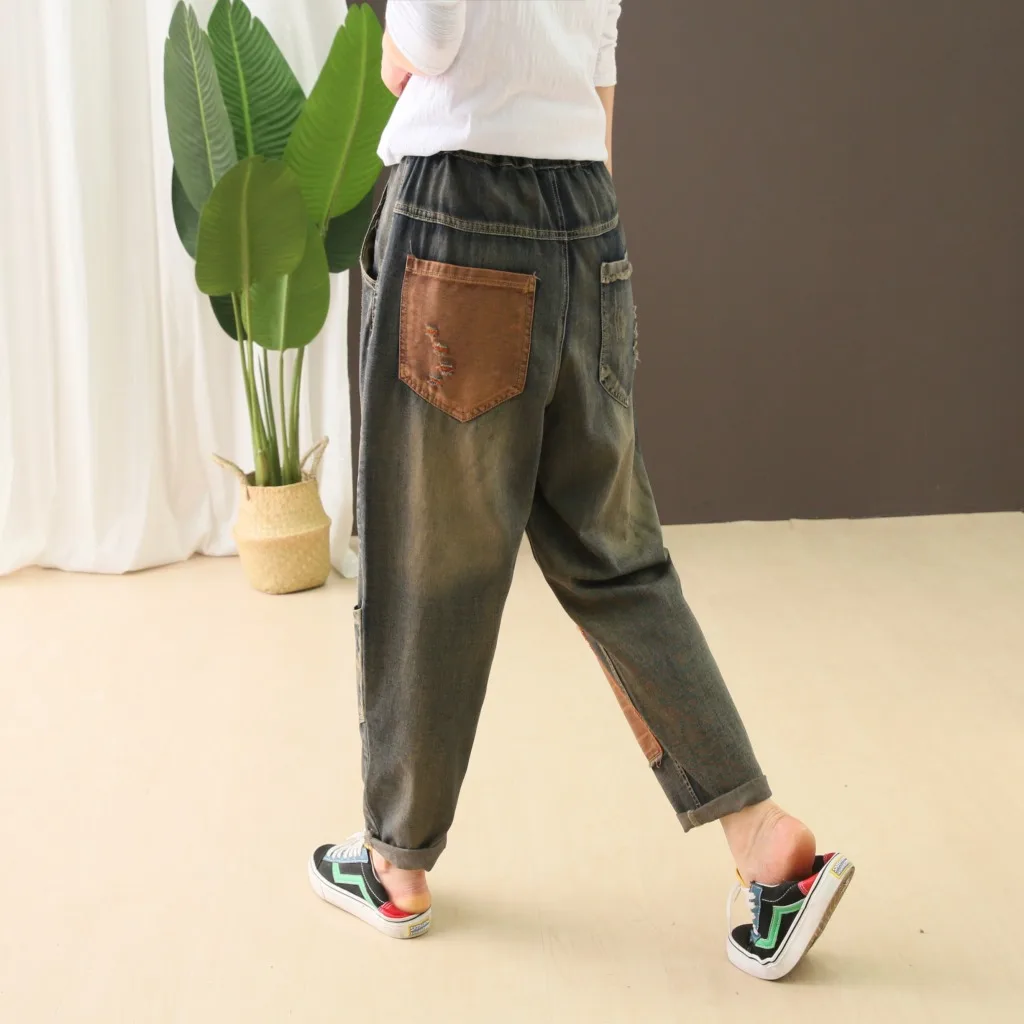 New National Wind Retro Washed White Multi-block Denim Trousers Women's Mom Jeans Ripped Jeans for Women Women Jeans