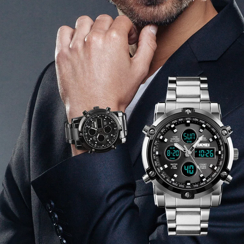 

Men Steel Band Watch Multi-function Fashion Sports Waterproof 3 Time Display Big Dial Watch @M23