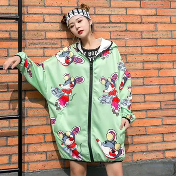

Thailand tide brand 2020 spring and autumn new cartoon printing large size sun clothes loose hooded long coat women
