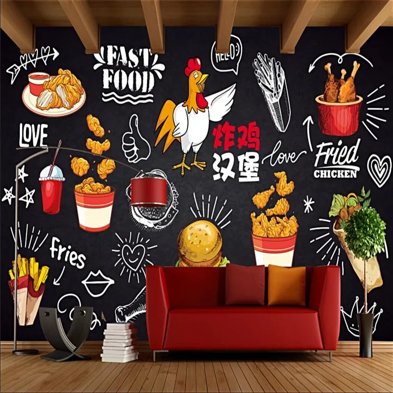 Custom Mural Wallpaper Blackboard Hand Drawn Fried Chicken Burger Dining Gourmet Fast Food Fries Background Wall Painting Wallpapers Aliexpress