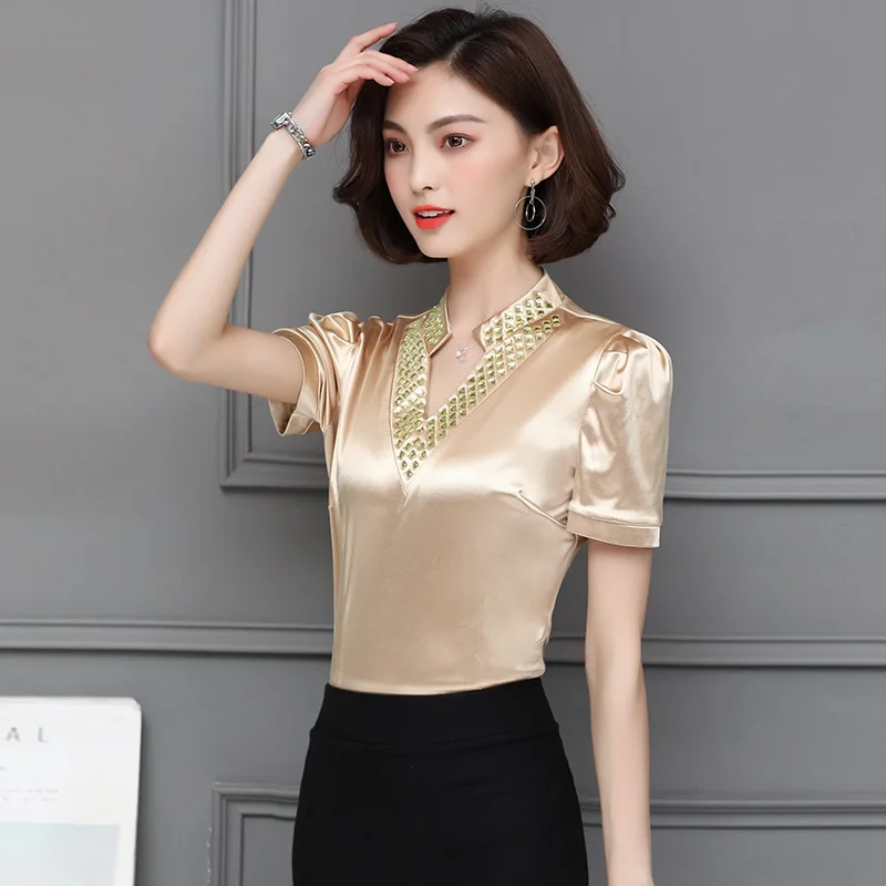 

2019 Summer New Style Korean-style V-neck Stick-on Crystals Western Style Champagne Short Sleeve Base Shirt V-neck Slimming T-sh