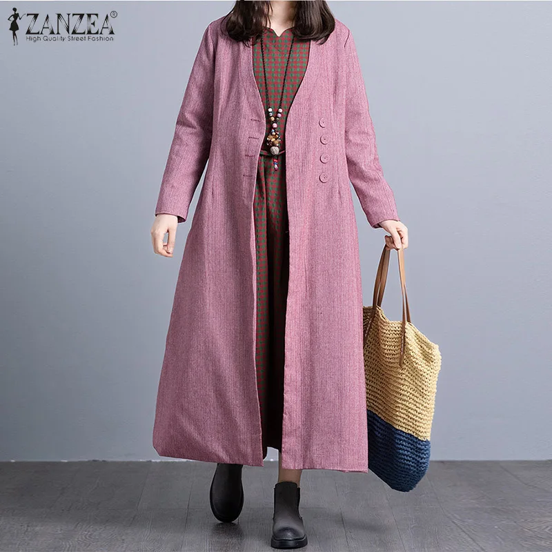 Женское длинное пальто, куртки, ZANZEA, элегантные женские Рабочие однотонные пуговицы, боковые карманы, верхняя одежда с длинным рукавом, пальто, Chaqueta Femme Casaco