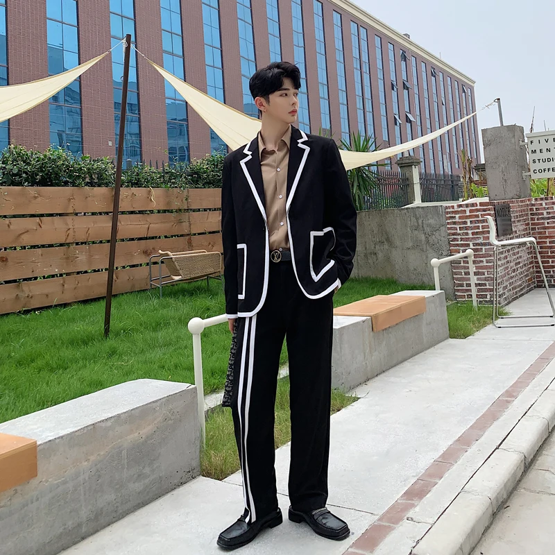 Male Street Clothes Hip Hop Stripe Splicing Casual Tuxedo Blazer Suit Jacket Pants Warm Clothes 2 Pieces Suits Sets Hombres