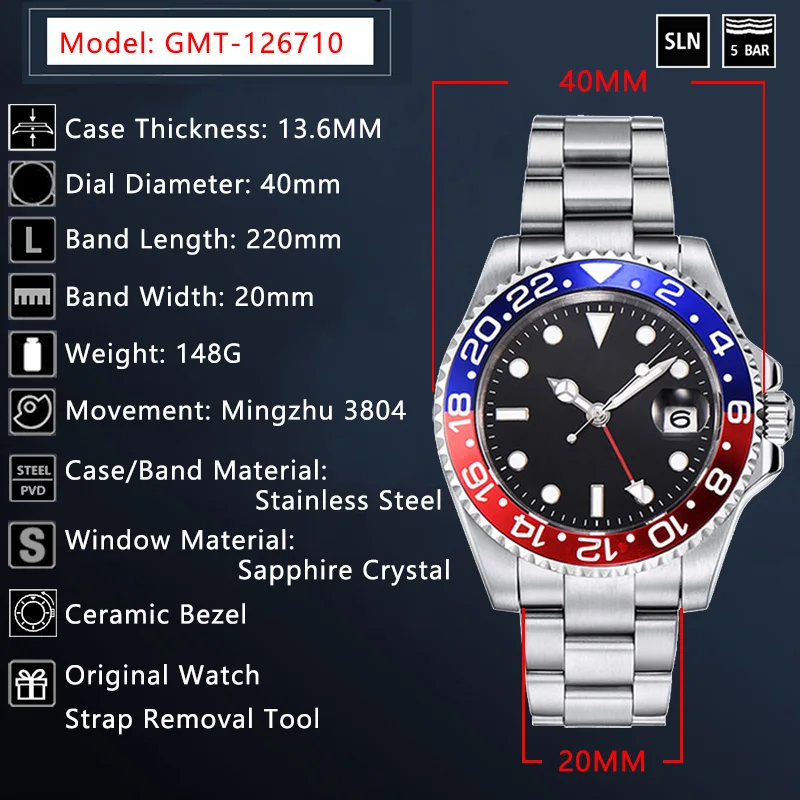 GMT Master II часы Мужские автоматические механические 40 мм 116710 mingzhu 3804 сапфир поворотный керамический ободок военные наручные часы