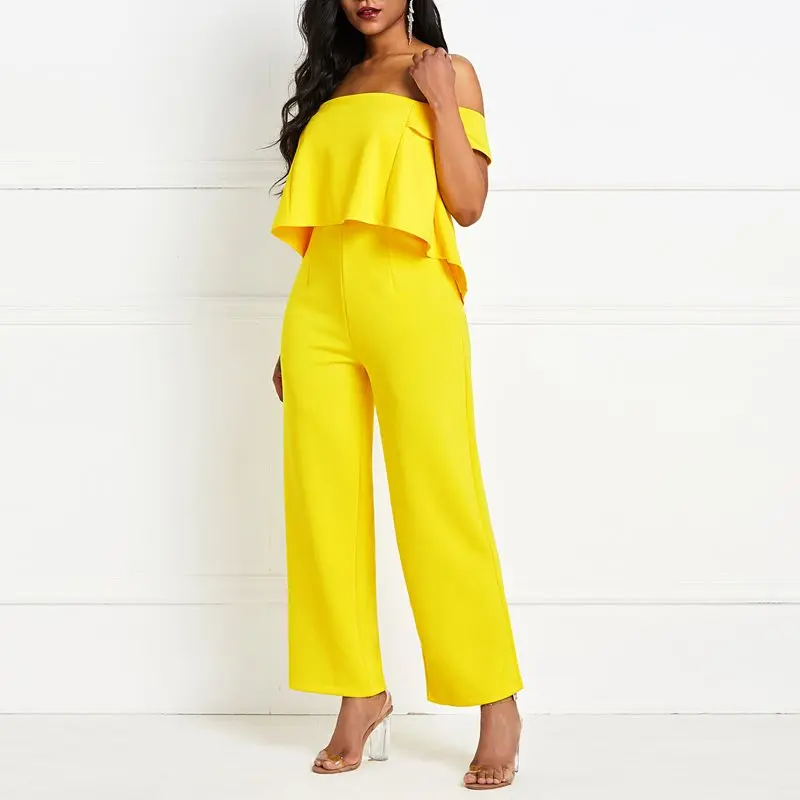Sexy Off Shoulder Wide Leg Jumpsuit Women Long Overalls Ruffle Party Stylish Backless Yellow High Waist Causal Jumpsuits Female