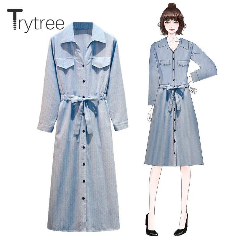 

Trytree Autumn Women Casual Polyester Turn-down Collar Single Breasted Belt Office Lady Striped Shirt Dress Knee-Length Dress