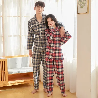 

New Women Men Check Plaid Warm Pajamas Set Suit Spring Autumn Soft Cotton Couple Long Sleeve Sleepwear Casual Homewear Nightwear