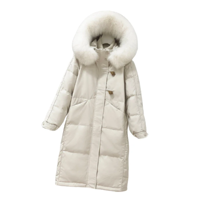 High fashion down jacket for women 2021 New long big fur collor hooded thick white duck down loose coat light winter cold snow