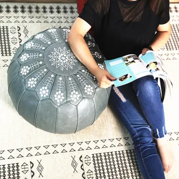 

Genuine cowhide Leather Pouf Embroider Craft Hassock Ottoman Footstool Round 50*50*25cm Artificial Leather Unstuffed Cushon
