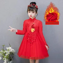 Детское вельветовое платье на зиму и весну, в китайском стиле, с вышивкой, для девочек, в национальном стиле, красный цвет, Cheongsam Eneving, вечерние, свадебные платья