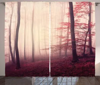 

Woodland Window Curtains Fantasy Marsala Color Foggy Forest Jungle Dreamy Wilderness Woods Sunlight Living Room Bedroom Decor