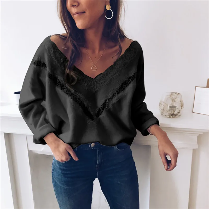 Lace Knitted Sweater Women Long Sleeve V Neck Knitwear Elegant Autumn Loose Top Ladies truien dames Fashion Streetwear Lace Knitted Sweater Women Long Sleeve V Neck Knitwear Elegant Autumn Loose Top Ladies truien dames Fashion Streetwear
