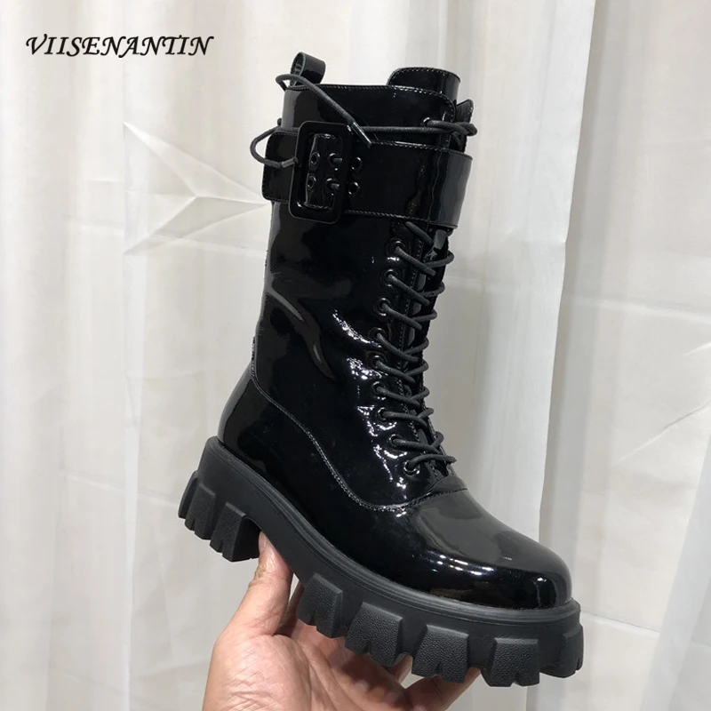 

VIISENANTIN 2020 Autumn Winter New Boots Women's Shiny Leather Thick-soled Platform Shoes Buckle Belt Decor Lace Up Booties