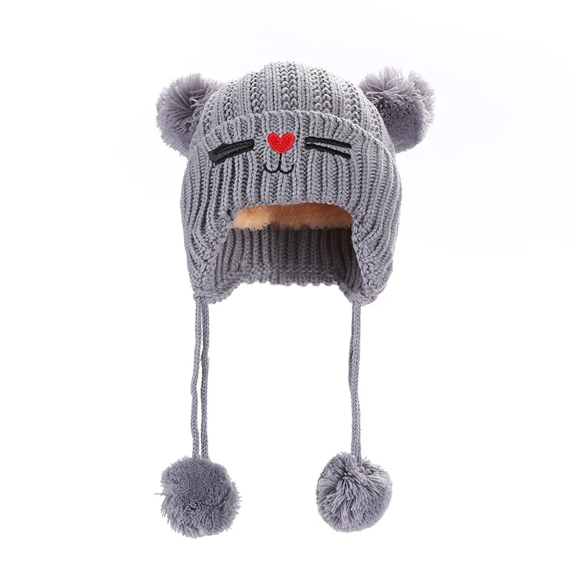Детская вышивка мультяшного кота Beanie Зимняя Толстая вязаная теплая мягкая шапка с двойным помпоном для мальчиков и девочек, Кепка с ушами, шапочка для малышей - Цвет: Серый