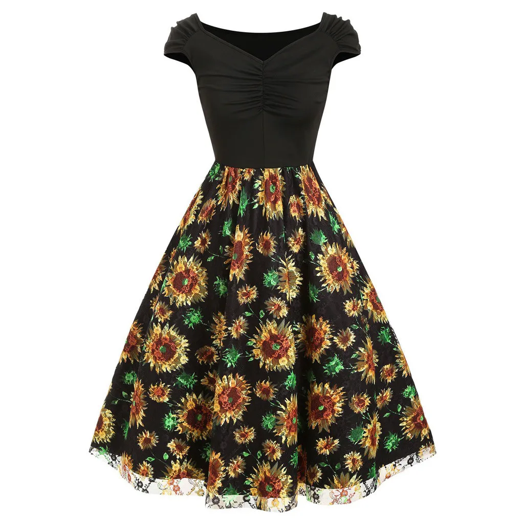 Boho Summer New Sunflower Dress Women Street Short Sleeve Pockets Knee-length Beach Floral Print A-line Party | Женская одежда