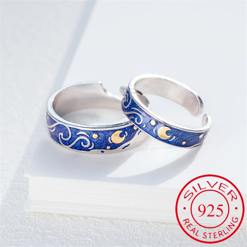 Couple Rings Starry Night Jewelry Best-Gift Women Lovers Moon Van Gogh Art Real-Pair
