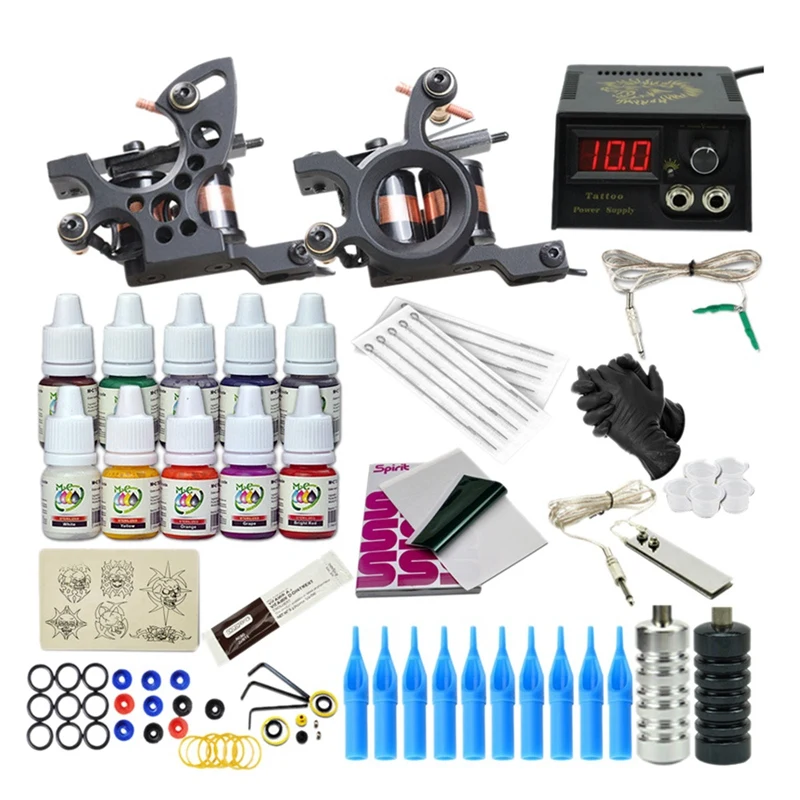 

Complete T Machine Set 2 G 10 Inks Power Box Supply Needles Grip Accessories Permanent Makeup Professional T Kit For Tattoo