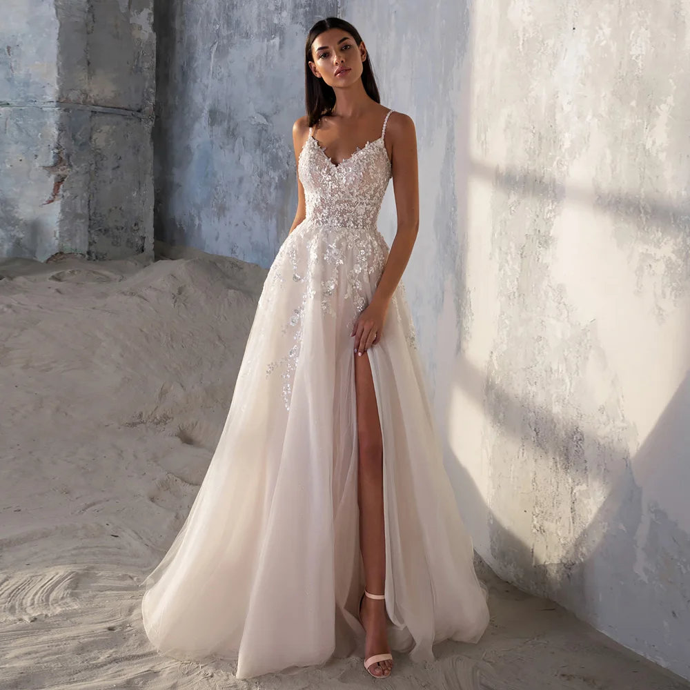 Sexy Sparkling Wedding Dress Customized Spaghetti Straps V Neck Sequined Lace High Slit Soft Tulle  Dresses Bridal Gown Backless 4