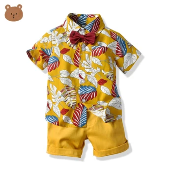 

Boys' Shirt Beach Style New Cotton Linen Shirt And Shorts Set Hawaiian Bow Tie Shirt Children's Fashion Printed Short Sleeves