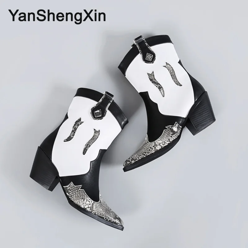 YANSHENGXIN/обувь; женские ботинки; ботинки до середины икры с острым носком и змеиным узором; модная женская обувь; цвет черный, белый; ботинки осень-зима; женские ботинки