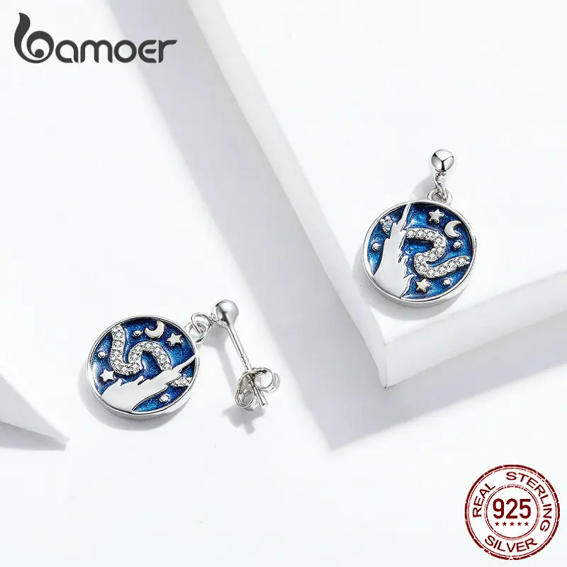 Kaufen Bamoer Luxus Klar CZ Design Starry Sky Blue Emaille Runde Baumeln Ohrringe für Frauen 925 Sterling Silber Kunst Bijoux SCE780