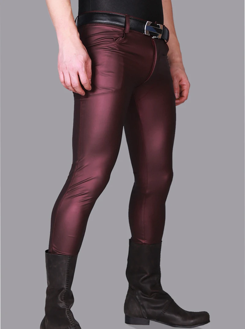 Wine Red Black Faux Leather Men Pants Skinny Casual Trousers Punk Rock Pencil Pants Stretch Tight Leggings Stage Show Clubwear