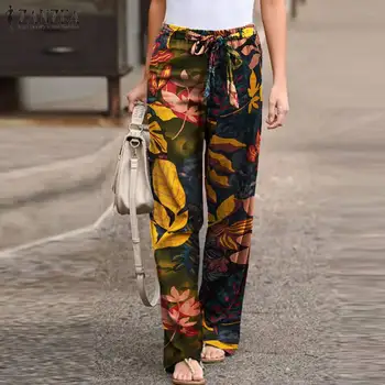 

2020 Autumn Long Pantalon Women Wide Leg Pants ZANZEA Casual Elastic Waist Floral Printed Cotton Linen Trousers Kaftan Female