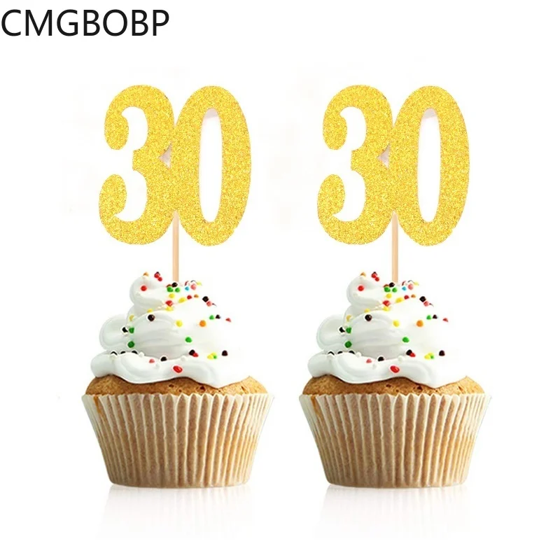 10pcs Birthday Cupcake Toppers Gold Glitter Cake Picks For 16th
