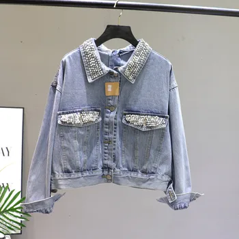 

European Station 2020 Spring New Fashion Heavy Industry Beaded Diamond Set Short Denim Jacket Female Loose Jacket Women Jackets