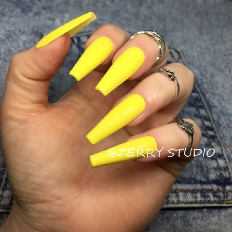 

Yellow Long Press On Nails Coffin Artificial Full Cover Fake Nails With Glue Sticker Ballerina Nep Nagels Colored Nail Art Tips
