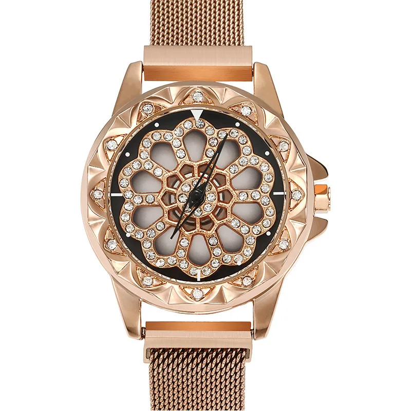 Rose Gold Горячие женские вращающиеся часы 360 градусов роскошные золотые Алмазный магнит звездное небо женские часы модные геометрические кварцевые наручные часы - Цвет: Rose Gold