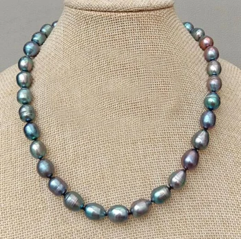 

10mm black green colors baroque oval pearl necklace natural Freshwater PEARL Women Jewelry 35cm 43cm 15'' 17''