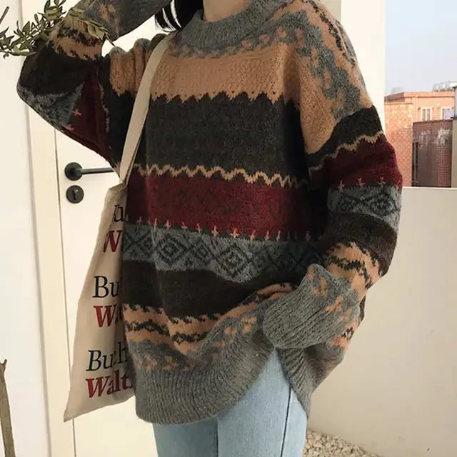 Vintage Sweaters Women Pullover Winter Striped Jumpers Korean Style Loose Pullover Knitwear Casual Loose Sweater Pull Femme 1