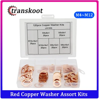

120pcs Size M4 to M12 Copper Washer Kits Gaskets Assortment Kit with Box Brass Flat Washers Sealing Ring Set for Hardware