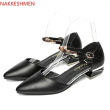 NAKKESHMEN-2020 New Style Shoes Versatile Pointed-Toe Closed-toe A- line Strap Sandals in Chunky-Heel Flat Low Heel Shoes