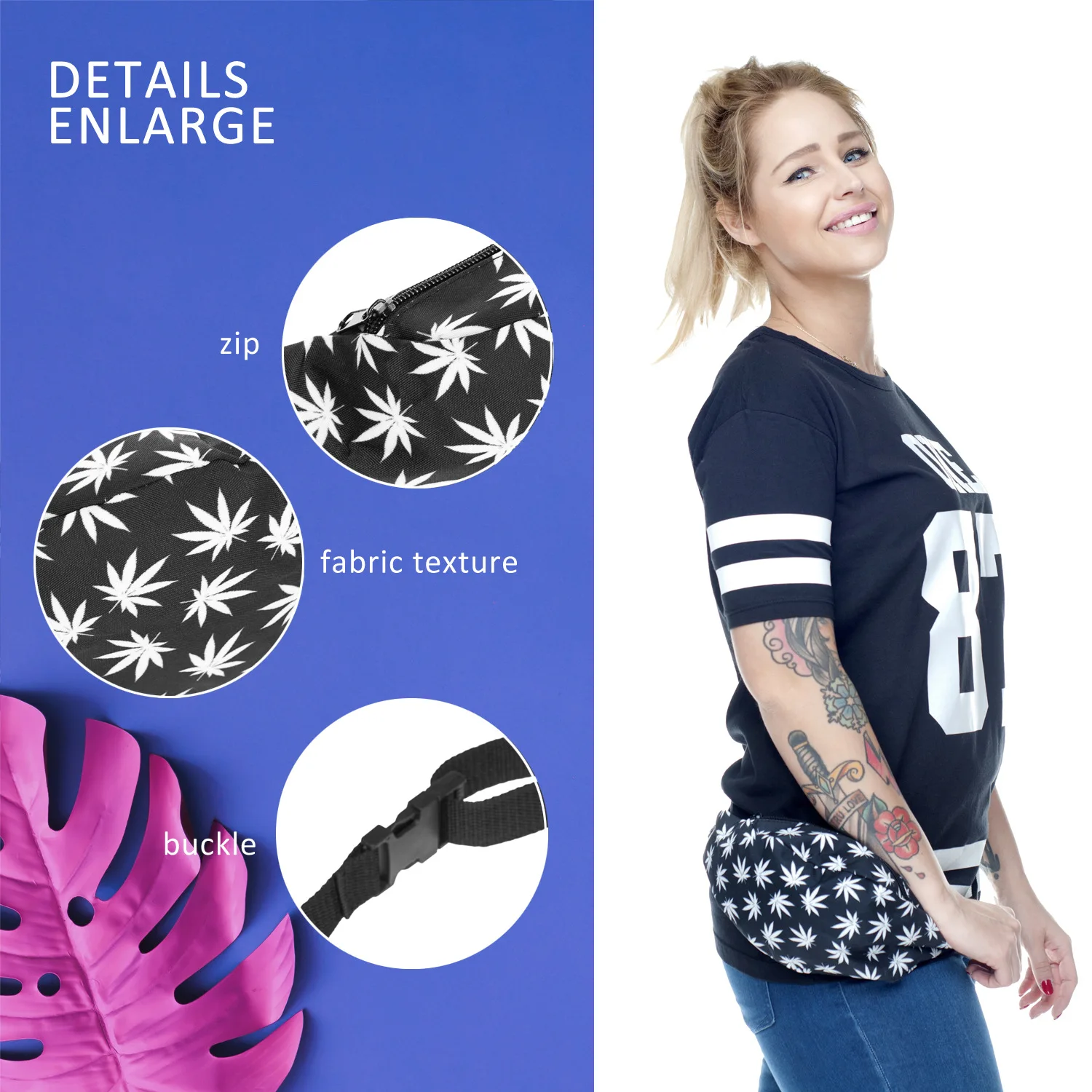 Digital Printing White Hemp Fimble Leaf Marijuana Bag Chest Pack Shoulder Bag Cross Border Hot Selling