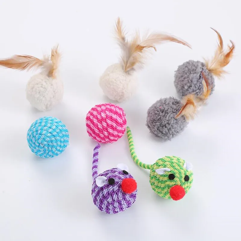 4pcs Pet Dog Cat Plush Ball Toy Feathered Elastic Rope Ball Combination Teaser with Feather Kitten Puppy Love to Play
