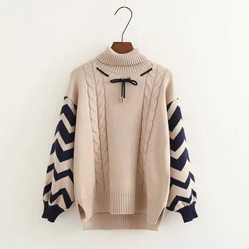 

lady turn down collar seater women free size pullover preppy style knit shirt lantern lamp sweater f4156