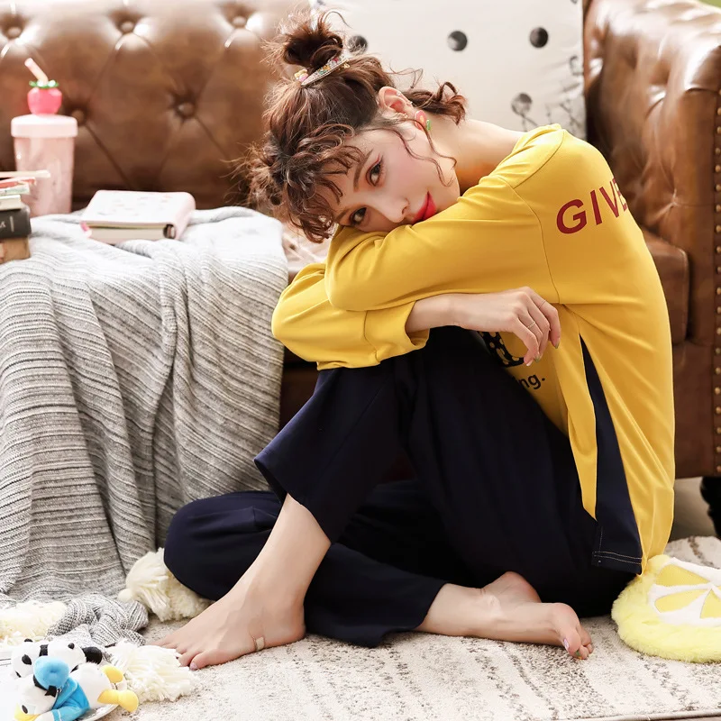 

Pajamas Women's Spring And Autumn 100% Pure Cotton Long Sleeve Trousers Crew Neck Women's Casual Nursing Home Wear Two-Piece Set