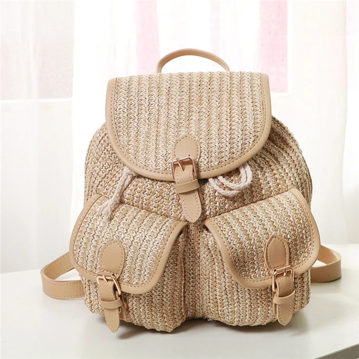 Рюкзак на шнурках для путешествий, школьный рюкзак для подростков, летний Повседневный трикотажный пляжный соломенный рюкзак ручной работы, Плетеный рюкзак для девочек - Цвет: Хаки