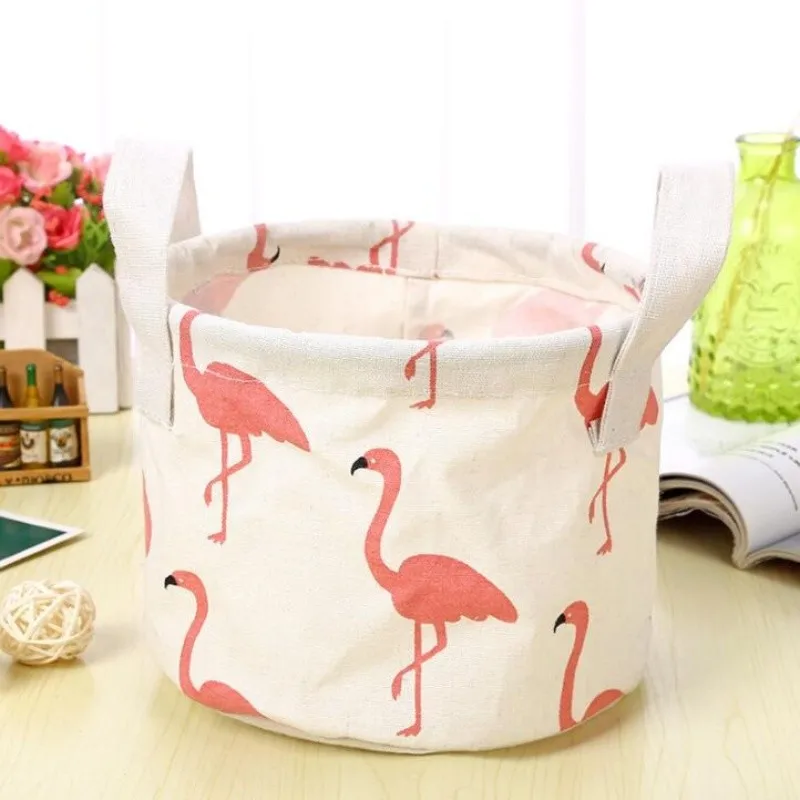 white Flamingo Корзинка для косметики, 1 шт., складной контейнер для канцелярских принадлежностей из хлопка и льна, Настольный ящик для хранения, круглый органайзер для мелочей с рисунком, 14*18 см - Цвет: white Flamingo
