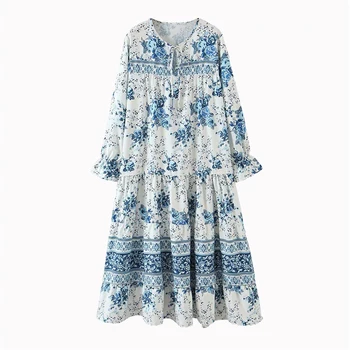 

Fashion Floral Print Ruffled Midi Dress Women Bohemian V Neck Ties Tassel Long Sleeve Female Dresses Vestidos