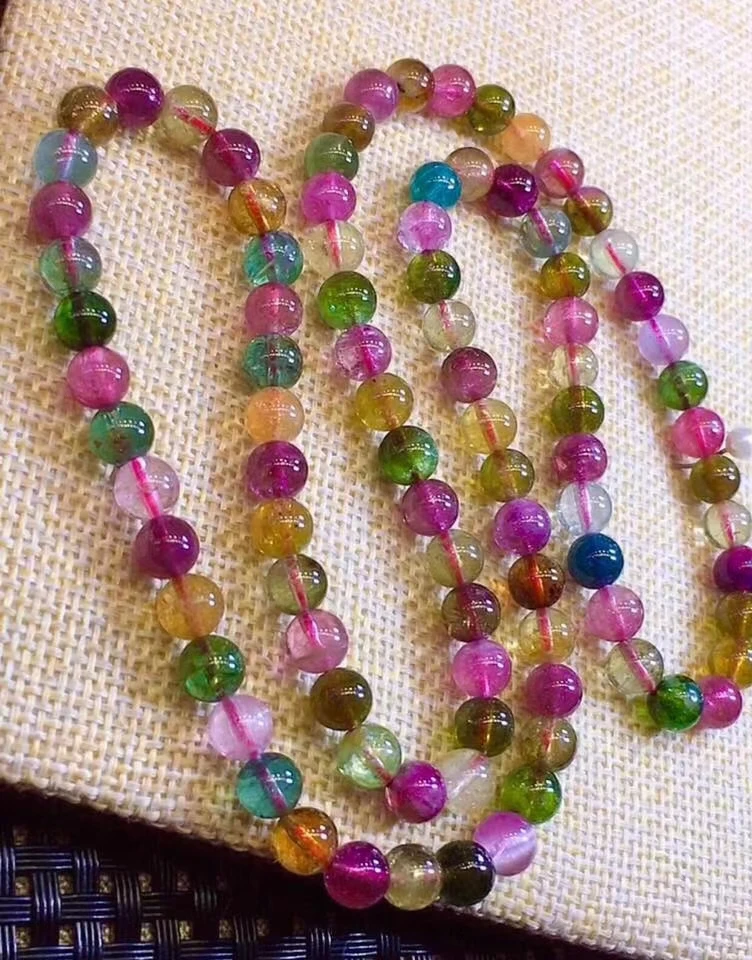 

6mm Genuine Natural Colorful Tourmaline Crystal Clear Round Beads 3 Laps Bracelet Necklace Brazil Women Men AAAAA
